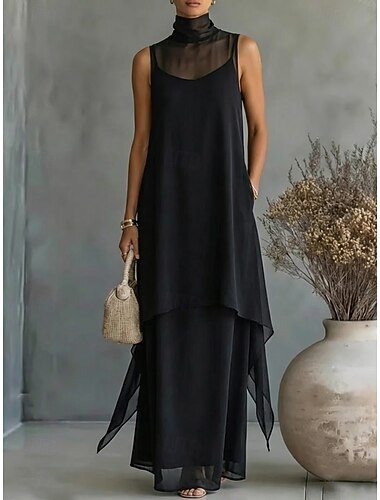  Dámské Midi šaty Šifonové šaty Šaty na párty Koktejlky Šaty pro svatební hosty Elegantní Módní Moderní Plážové Večerní oslava Párty Volný Bez vzoru Bez rukávů Tričkový Popruhy Stojáček Černá Léto