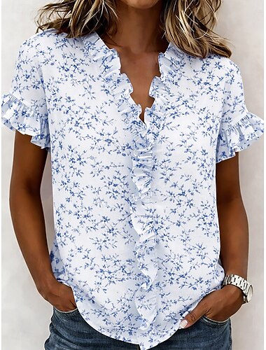  Mujer Camisa Sayo Volante Floral Graphic Elegante Moda Diario Manga Corta Escote en Pico Tops regulares Casual Diario Azul Piscina Rosa Morado Verde Trébol Verano Primavera