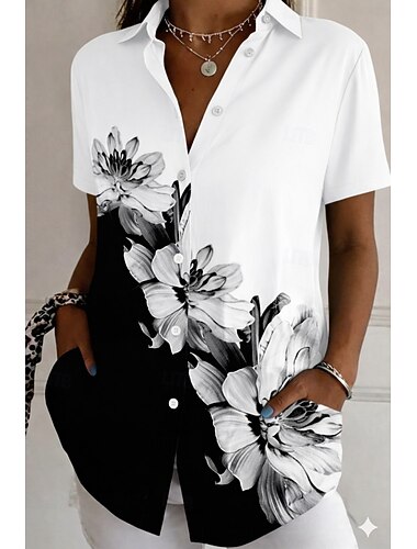  Dame Skjorte Button Down skjorte Casual skjorte Sommertoppe Knapper Trykt mønster Grafisk Geometrisk Abstrakt Årgang Stilfuld Moderne Kortærmet Krave Lange toppe Daglig Sort og Hvid Murstensrød