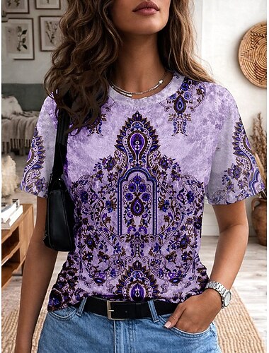  Femmes T-shirt Imprimé Graphique Abstrait ancien Élégant Classique Manche Courte Col ras du cou Col en V Hauts Réguliers Occasionnel Quotidien Week-end Bleu Noir Jaune Violet Marron Été Printemps