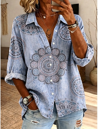  Dame Skjorte Bluse Lapper Knapper Grafisk Geometrisk Stilfull Klassisk Moderne Langermet Skjortekrage Vanlige topper Avslappet Daglig Ferie Blå Sommer Vår