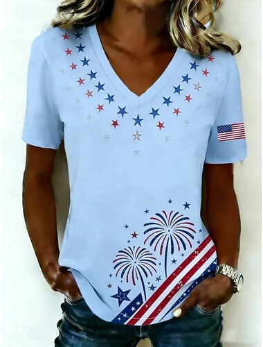  Amerikaanse onafhankelijkheidsdag Dames T-shirt Afdrukken Grafisch Amerikaanse vlag Vintage Stijlvol Klassiek Korte mouw V-hals Normale tops Dagelijks Zwart Wit Marineblauw Licht Blauw Zomer Lente
