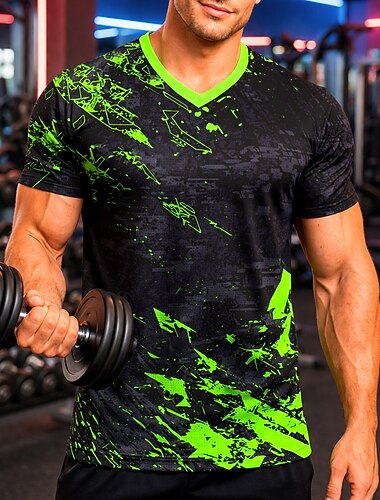 Miesten Geometrinen Abstrakti Jalkapallokesä Globaali osuma Juoksupaita Kesä Lyhythihainen UPF 50 Nopea kuivuminen Hengittävä Kuntosali Juoksu Kunto Vihreä ja musta Urheiluasut Urheiluvaatteet