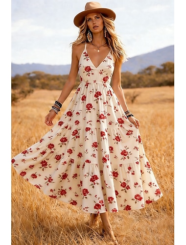  Damen Maxikleid Boho-Kleid Sommerkleid Freizeitkleid Ethnokleid Elegant Bohemien Urlaub Strand Ferien Date Normale Passform Blumen Grafik Ärmellos V Ausschnitt Blau Gelb Rosa Grün Sommer Frühling