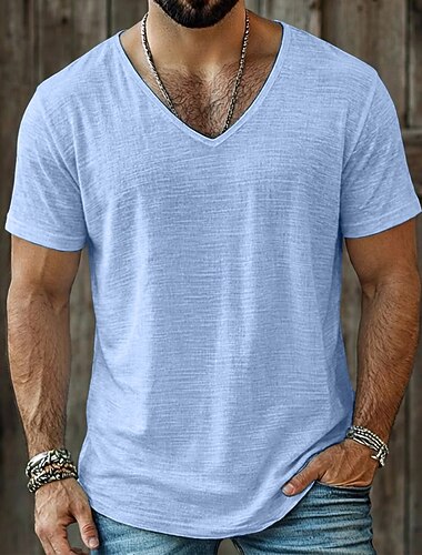  Herr T-tröja Linne T-shirt Kort ärm V-hals Sommar Slät Mode Designer Grundläggande Mjukt Ledigt Semester Gata Blå Sjöblå Svart Topp t-shirt för män