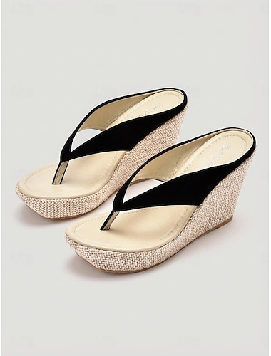  Zwarte teenslippers met sleehak voor dames - chique platformslippers met suède-textuur en geweven espadrillezool, perfect voor eilandvakanties en tropische stranduitjes. &zomer cruisekleding