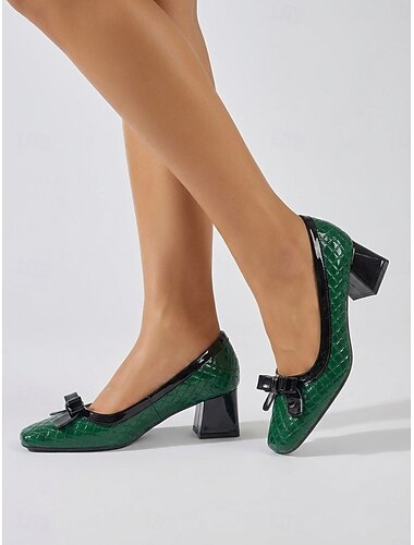  נעלי עקב ירוקות מקצועיות לנשים עם תנין - עקבים מרובעים ונוחים עם קשת למשרד יומיומי ופגישות עסקיות &בגדי קריירה