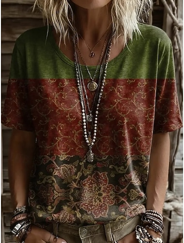  Dámské Tričko Tisk Květinový Grafika Rostliny Vinobraní stylové Na běžné nošení Krátký rukáv Do V Běžné topy Ležérní Denní Víkend Rezavě rudá Tmavě zelená Dusty modrá Trávová zelená Šedá Léto Jaro