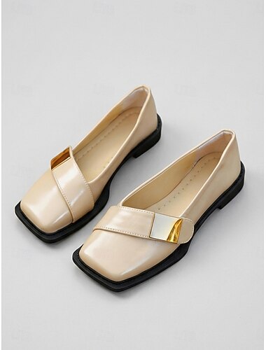  Chique beige ballerina's voor dames met vierkante neus en asymmetrische bandjes &Gouden metalen accenten voor dagelijks gebruik op kantoor of tijdens een casual wandeling. &moderne minimalistische