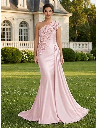  Ballkleid Bodenlange Schleppe Abendkleid Elegant Halbformell / Cocktail Ärmellos Ein-Schulter Hochzeit Formell Satin mit 3D-Blumen Falten