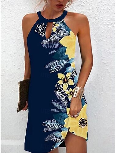  Per donna Abito estivo Abito con scollo all'americana Abito stampato Attivo Di tendenza Streetwear Esterno Da mare Giornaliero Standard Motivo cashemire Senza maniche Halter Neck Giallo Blu reale Blu