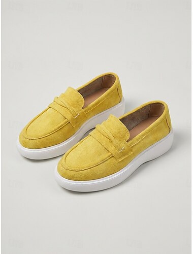  Gele casual instappers voor dames – platte schoenen van imitatie suède, comfortabele en lichtgewicht schoenen voor op reis. &dagelijks gebruik