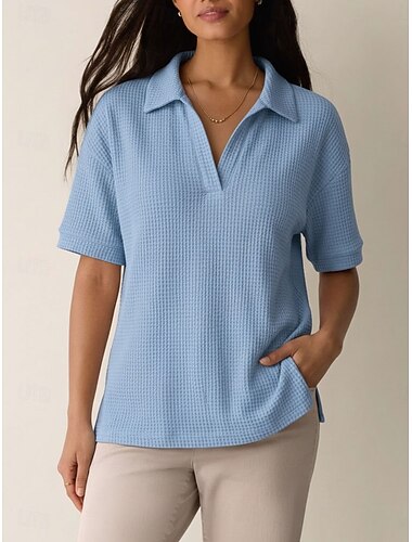  Dámské Tričko Polokošile Trička Vaflově pletené topy Bez vzoru Módní stylové Základní Krátký rukáv Košilový límec Dlouhé topy Ležérní Denní Jdeme ven Vodní modrá Černá Bílá Žlutá Oranžová Léto Jaro