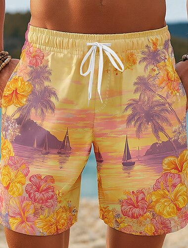  Homme Cocotier Fleurs tropicales Voilier Maillots de bain Maillots de bain shorts de bain Shorts de Surf Taille Moyenne Hawaïen Vacances à la Plage Poches Latérales doublure en maille Taille