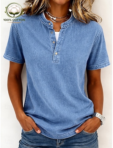  Mulheres Camisa Henley Vintage Moda à moda Manga Curta Tops regulares Casual Praia Azul Preto Roxo Laranja Cáqui Primavera