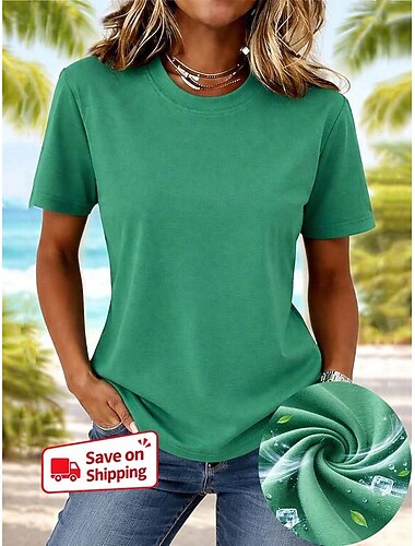  Dames T-shirt Effen Modieus Stijlvol Basic Korte mouw Strakke ronde hals Normale tops Dagelijks Uitgaan Weekend Zwart Wit Blozend Roze Rood Marineblauw Zomer Lente Ice silk cool feeling