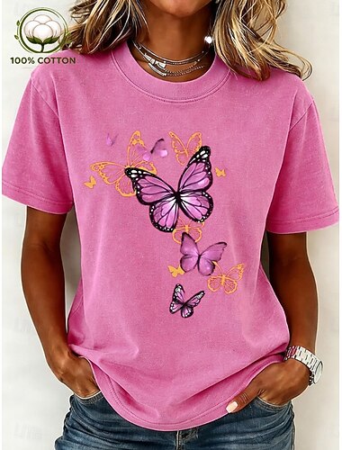  Γυναικεία Μπλουζάκι Στάμπα Πλύσιμο με οξύ Πλύνθηκε σε στυλ vintage Πεταλούδα Στυλάτο Βασικό Κλασσικό Κοντομάνικο Στρογγυλή Ψηλή Λαιμόκοψη Κανονικά μπλουζάκια Causal Καθημερινά