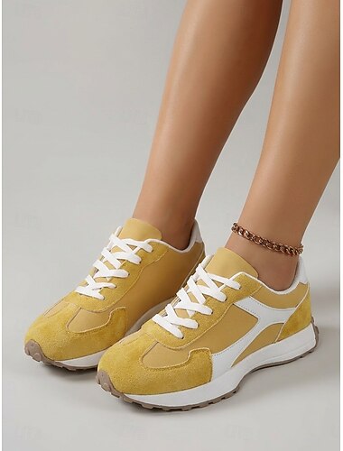  Sneakers basse retrò gialle da donna – scarpe da passeggio leggere con lacci, scarpe casual color block per viaggiare e passeggiare in città &abbigliamento quotidiano