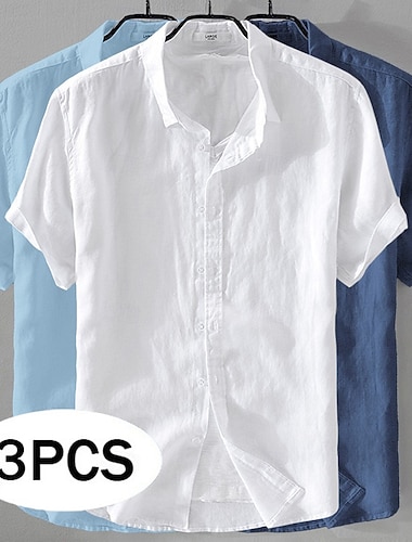  Herren Hemd Leinenhemd Sommerhemd Strandbekleidung Knopfhemd Einfach Lässig Strand Schwarz+Weiß+Grau Marineblau+Blau+Weiß Khaki + Grün + Marineblau Marineblau+Blau+Schwarz Kurzarm Umlegekragen Sommer