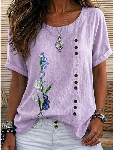  Mulheres Blusa Botões Floral Gráfico Elegante Vintage Diário Manga Curta Gola Redonda Tops regulares Casual Diário Feriado Azul Branco Amarelo Rosa Roxo Verão Primavera