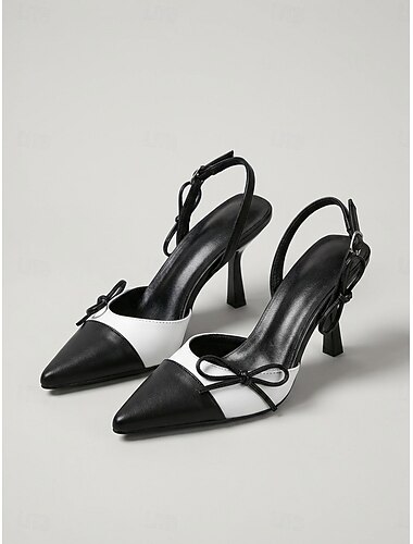  Dámské klasické černobílé boty s lodičkami s remencem - elegantní barevné bloky se špičatou špičkou a mašlí pro každodenní nošení do kanceláře, elegantní pouliční styl &společenské události