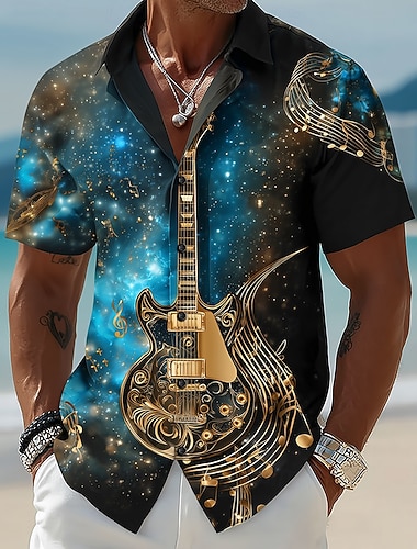  Herre Stjernefylt Himmel Gitar Musikkinstrument Skjorte Skjorte med knapper Kortermet Kunstnerisk Vintage retro musikk festival Ferie Sommer Vår Aftæpning 3D-utskrift krage skjorter Rød Lilla Brun