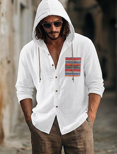  Homme Chemise Chemise en lin Chemise d'été Chemise de Plage Chemise Boutonnée Chemise à capuche Bohème Occasionnel Vacances Blanche manche longue À capuche Été Printemps Vêtement Tenue Patchwork