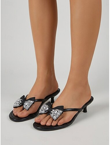  Sandales élégantes noires à nœud pour femme - tongs chics à petit talon ornées d'un nœud décoratif, idéales pour les croisières de luxe et les fêtes estivales sur le pont. &vêtements de villégiature