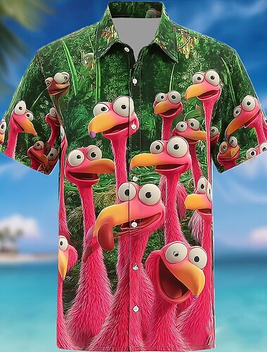  Homme Flamant rose Oiseau Plantes Tropicales Chemise hawaïenne Chemises tropicales Chemise Aloha Manche Courte Hawaïen Drôle Extérieur Fête Vacances à la Plage Été Printemps Col Rabattu Impression 3D