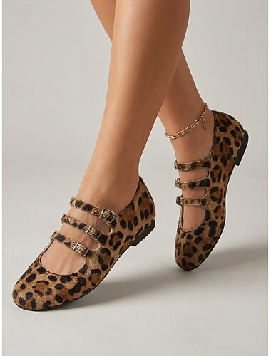  Ballerine Mary Jane da donna con stampa leopardata - scarpe da ballerina trendy in finta pelle di vitello con tripla fibbia per l'uso quotidiano casual e per l'ufficio &abiti vintage chic
