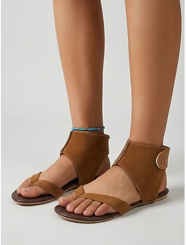  Gladiatorsandaler med ankelomslag för kvinnor – minimalistiska platta sandaler med tåring, avslappnade komfortskor för utomhussemester, promenader och sommarresor