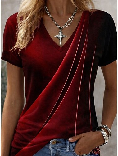  בגדי ריקוד נשים חולצה קצרה דפוס פסים פרחוני גראפי מוסיקה וינטאג' מסוגנן קלסי שרוולים קצרים צווארון V חולצות רגילות יומי ספורט ליציאה שחור אודם קיץ אביב סתיו