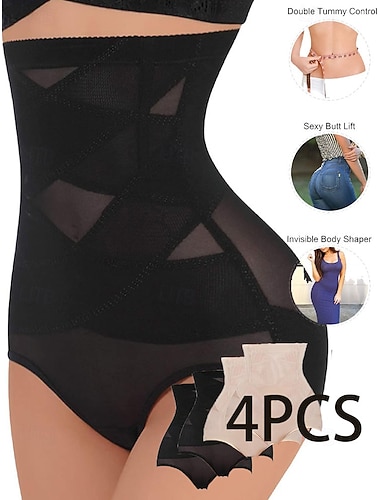  4er-Pack Damen-Slips mit elastischem Bund, geometrisches Shapewear-Muster, klassisch, 2 schwarze + 2 beigefarbene.