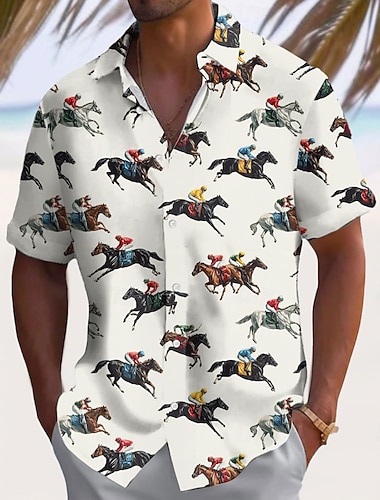  ケンタッキーダービー 男性用 ストライプ グラデーションカラー 競馬 シャツ サマーシャツ ボタンアップシャツ 半袖 ヴィンテージレトロ 祝日 夏 春 折襟 3Dプリント 襟付きシャツ ブルー ホワイト グリーン ライトブルー