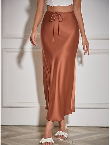  女性用 サテンスカート エレガント ファッション マキシ ハイウエスト スカート 平織り ドローストリング マイクロエラスティック パーティー デート ブラック ネイビーブルー ライトブラウン ブラウン 夏 サテン ポリエステル