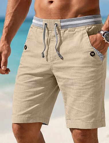  Homens Calção Shorts de linho Shorts de verão Shorts de praia Com Cordão Bolsos Cintura elástica Bloco de cor Cor Única Conforto Respirável Curto Casual Diário Praia Férias Moda ダークカーキ Preto Sem
