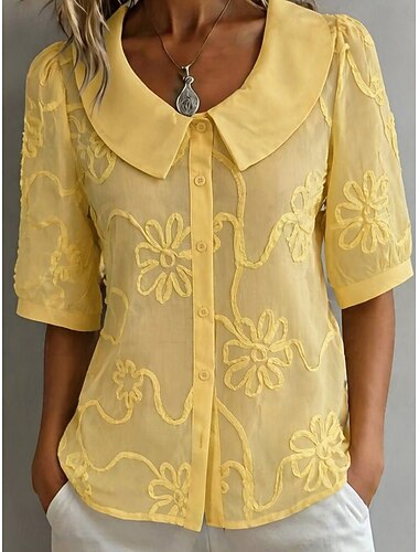  Damskie Koszula Kwiaty Elegancki Długi rękaw Kołnierzyk Piotruś Pan Zwykłe topy Codzienny Streetwear Praca Biały Żółty Jasnoniebieski Lato Wiosna