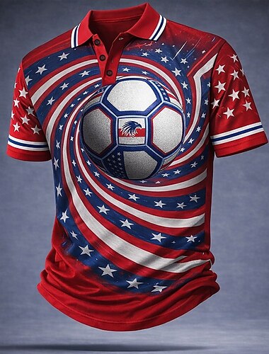  Fotbollscupen 2026 Herr Flagga Pikétröjor Kortärmad Polotröjor Skjortor med krage Ledigt Fritids- 3D-utskrift Knappar Vår & sommar Blå Vit Rubinrött