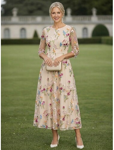  A-Linie Kleid Tee-Länge Cocktailkleid Kleid für Hochzeitsgäste Brautmutterkleid Dreiviertelarm Rundhalsausschnitt Elegant Lässig Formell Hochzeitsgast Kentucky Derby Chiffon Tüll mit Stickerei