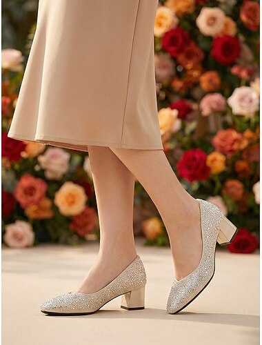  Damesko med krystallutsmykning og blokkhæl, elegante pensko med lukket tå til brudens mor, hagebryllup &formelle arrangementer