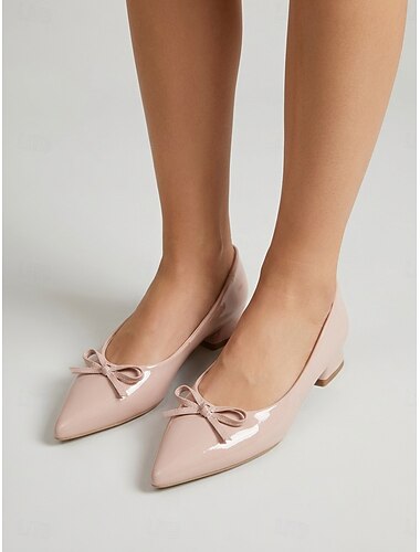  Women's Blush Patent Low Heel Pumps - Elegant Bow Pointed Toe Garden Party Dress Shoes