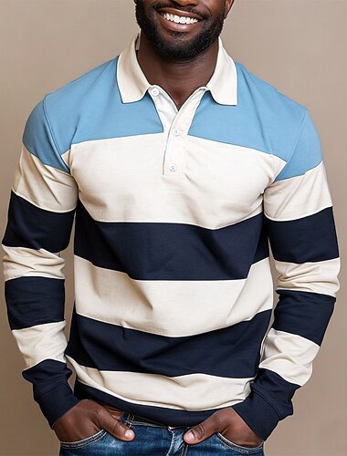  Hombre Tiras horizontales Polo de rugby Manga Larga Camisas de polo Camisas con cuello Ropa deportiva Casual Exterior Escuela Ropa Deportiva Impresión 3D Primavera Otoño Azul Piscina Marrón Verde