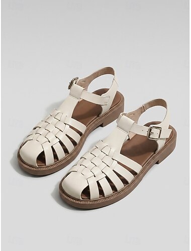  Beige gladiatorsandaler til dame – lukket tå, vevd design, komfortable, flate sommerfiskersandaler for turgåing og reiser &uformelt hverdagstøy