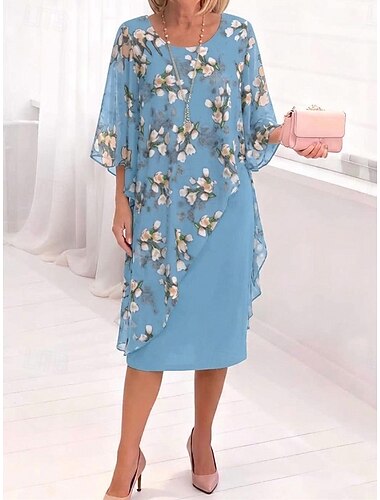  Dam Knälång klänning Chiffongklänningar Vardagsklänning Blommig klänning Elegant Mode Modern Utomhus Semester Fest Normal Blommig Halvlång ärm Rund hals Blå Sommar Vår