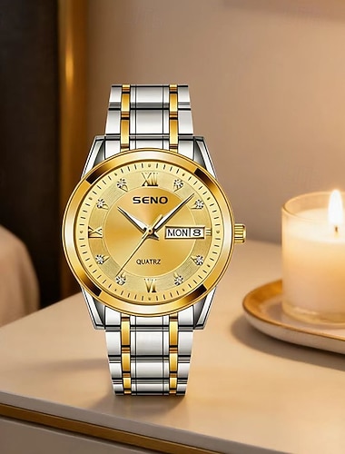  Pánské luxusní dvoubarevné zlato-stříbrné hodinky, nerezové quartzové náramkové hodinky s datumovkou, dvojitým kalendářem, římskými číslicemi a diamantovým ciferníkem, klasické společenské hodinky,