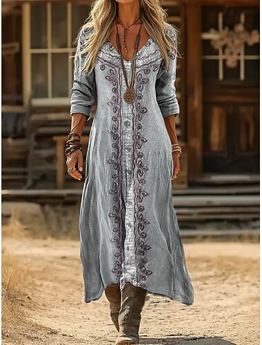  Dames Maxi-jurk Zonnejurk Zomerjurk Vakantie Casual Boho Dagelijks Ruim Passend Grafisch Kleurenblok Lange mouw V-hals blauw Zwart Wijn Lente Herfst