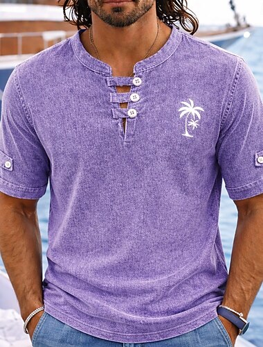 Herre Polo skjorter 100% bomuldssyre-vaskeskjorte Afslappet Ferie Kraveløs Kortærmet Mode Basale Palme træ Knapper Årgang Sommer Forår Blå Rød Lilla Grøn Grå Polo skjorter