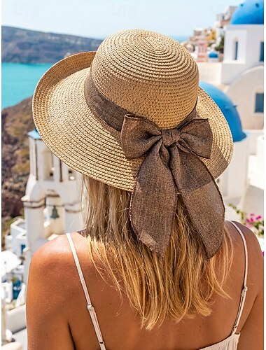  女性用ボヘミアン風編み込みサンハット、折りたたみ式でつば広の麦わら帽子、リボン付き、ビーチバケーション、普段使い、旅行、夏のリゾートスタイルに最適、豊富なカラーバリエーション。