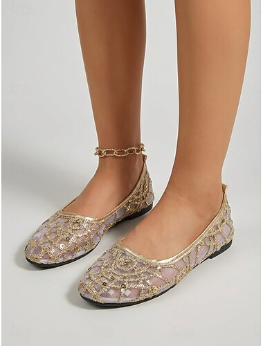  Gouden ballerina's met pailletten en mesh voor dames - elegante, sprankelende schoenen met spitse neus, perfect voor buitenactiviteiten in resorts en zomerse tuinfeesten. &luxe vakantieoutfits