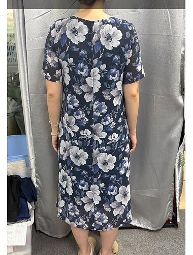  Naisten Midimekko Väljä mekko Tyylikäs Päivittäin Häävieras Normaali Kukka Kuvitettu Lyhythihainen Tiukka pyöreä kaula-aukko Laivaston sininen